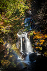 Ryuzu Falls with rainbow with colored leaves in autumn in Nikko, Tochigi, Japan. October 18, 2021.