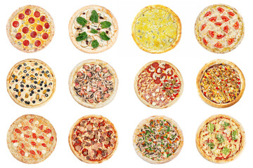 Big set of Italian pizza isolated on white background. Large collection of various pizza. Fresh tasty pizza collage set. Top view.