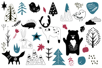 Vector set. Various animals and natural elements in the Scandinavian style. Transparent background.