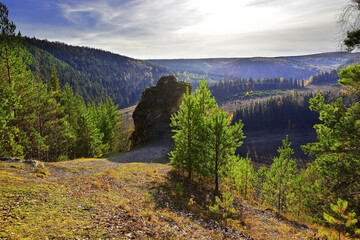 Autumn panorama of the bend of the Irgina river from the top of the rock Vakutin stone
