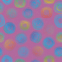 Rainbow spiral linear circles and polka dots seamless pattern. Geometric background. Vector