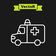 White line Ambulance and emergency car icon isolated on black background. Ambulance vehicle medical evacuation. Vector