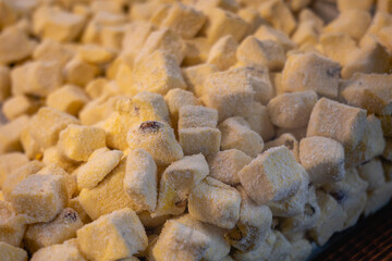 Turkish delight, traditional turkish sweets known as Lokum in Turkey, close-up selected focus with bokeh