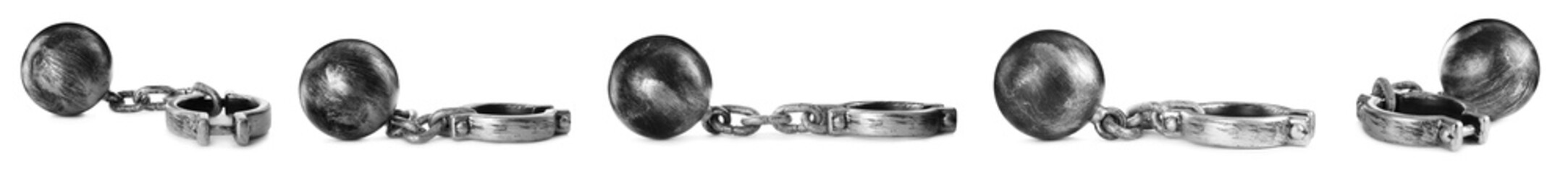 Set with metal balls and chains on white background, banner design