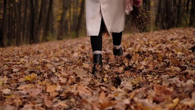 Young woman walking in the forest during autumn 