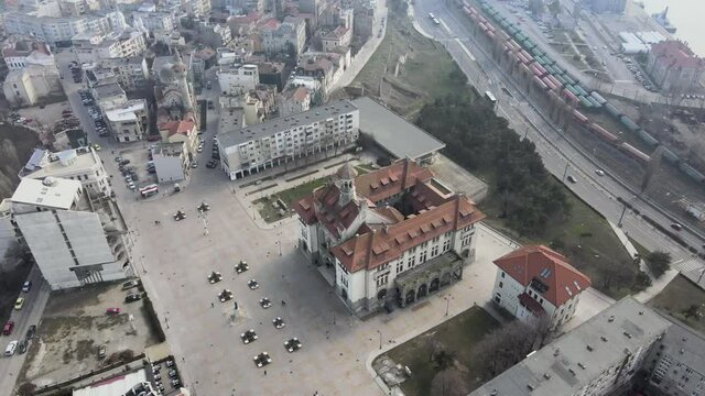 Aerial view of Ovidiu Square, former Independence Square old town hall now National Museum of History and Archaeology is a place full of history. Ovidiu Square medieval inner courtyard full of shops