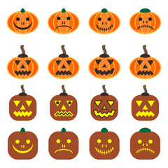 Halloween pumpkin set. Vector flat 16 icons. Emotions variations. Vegetable graphic icons with happy and scary smiles. Merry and sad grimaces. Cartoon gourds group. Several squash mugs. Autumn bundle.
