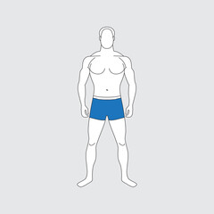 Fototapeta premium Adult man delineation in blue swimming trunks. Full-length white male figure. Front view. Slender muscular human body. Standing guy silhouette. Impersonal person of normal weight. Vector illustration