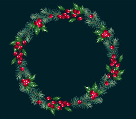 Fototapeta na wymiar Vector Christmas round frame with pine tree branches and red berries. Christmas decoration concept