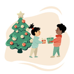 Couple holding Gift Boxes under Christmas Tree. Holiday Card with People in Love. Vector illustration. 