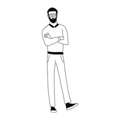 funny cartoon guy with glasses in a pose with crossed arms on the chest