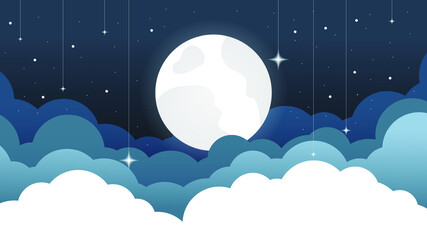 Landscape with snow-filled areas.3d abstract pastel paper cut illustration of winter landscape with cloud,pines and mountains.Happy New Year and Merry Christmas background.Bright moon. moon background © Jreacher