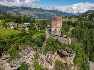 Fototapeta na wymiar Drone view at Sils id fort ruins at Campell in the Swiss alps