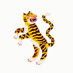 Tiger vector illustration, cartoon yellow tiger rampant on white background. Organic flat style vector illustration