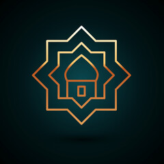Gold line Muslim Mosque icon isolated on dark blue background. Vector