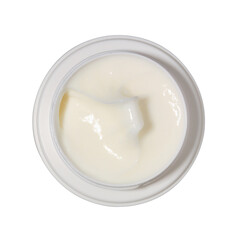 White cosmetic cream sample in white round container isolated on white