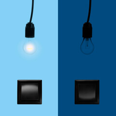 Turned ON and OFF light switches and bulbs, collage