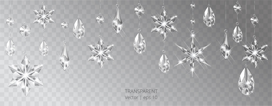 Vector Christmas background with realistic transparent glass snowflakes and decoration. Sparkling translucent crystals