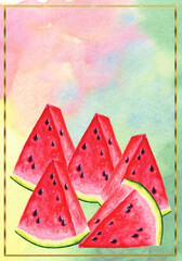 Watercolor gold frames with autumn fruitson a colored background.Perfect for greeting cards, baby showers, needlework and hobbies.