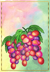 Watercolor gold frames with autumn fruitson a colored background.Perfect for greeting cards, baby showers, needlework and hobbies.