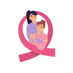 Female supports woman with breast cancer diagnosis in pink ribbon. Awareness campaign. Vector illustration in flat style.