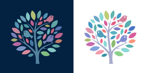 Colorful tree icon with birds, symbolising power of nature, happiness, wholeness and cheerfulness - adjustable vector image