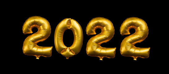 2022 written with golden balloons isolated on black background, new year party web banner