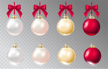 Vector realistic Christmas decorations on a light abstract background. Color glass sphere and red bow.