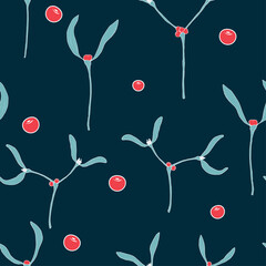 Seamless mistletoe pattern. Vector repeating botanical background of mistletoe and berries. Plant background.