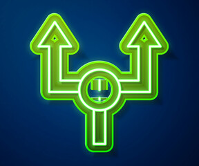 Glowing neon line Arrow icon isolated on blue background. Direction Arrowhead symbol. Navigation pointer sign. Vector