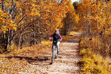 Fototapeta premium A girl rides a recreational bicycle through the park. Autumn leaves fall. A sunny autumn day.