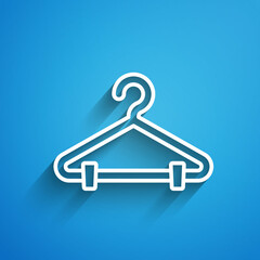 White line Hanger wardrobe icon isolated on blue background. Cloakroom icon. Clothes service symbol. Laundry hanger sign. Long shadow. Vector