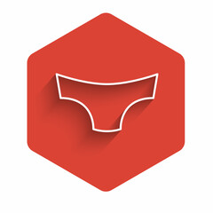 White line Men underpants icon isolated with long shadow background. Man underwear. Red hexagon button. Vector