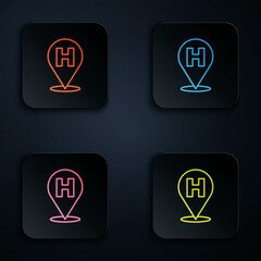 Color neon line Medical map pointer with cross hospital icon isolated on black background. Set icons in square buttons. Vector