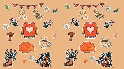 A set of autumn, warm stickers for a daily planner. Fluffy cat, warm sweater, autumn leaves, tea or coffee, cookies.