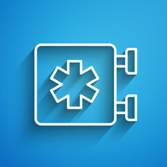 Fototapeta premium White line Medical symbol of the Emergency - Star of Life icon isolated on blue background. Long shadow. Vector