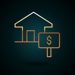 Gold line House with dollar symbol icon isolated on dark blue background. Home and money. Real estate concept. Vector