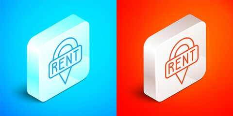 Isometric line Location key icon isolated on blue and red background. The concept of the house turnkey. Silver square button. Vector