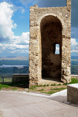 Miglionico, Matera. Belvedere con Torre normanna verso lago a forma di Italia