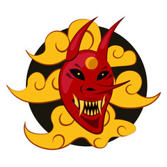 Red japanese mask. Japanese mask isolated. Oni Japanese Devil Mask Vector Illustration. Hannya mask with teeth, long nose and horns. Japanese tattoo. T-shirt vector design. Shirt print. 