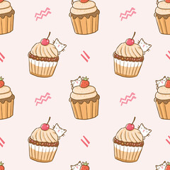 Seamless Pattern with Cartoon Cat and Cupcake Design on Light Pink Background