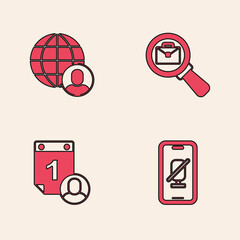 Set Mute microphone on mobile, Freelancer, Magnifying glass with briefcase and Time management icon. Vector