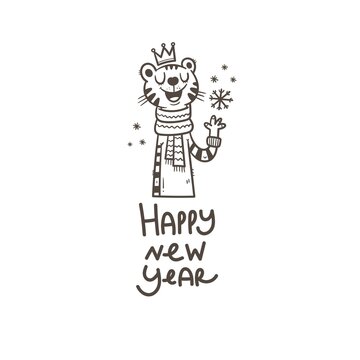 New Year card with tiger. Chinese calendar symbol. Vector holiday poster. Funny animal.