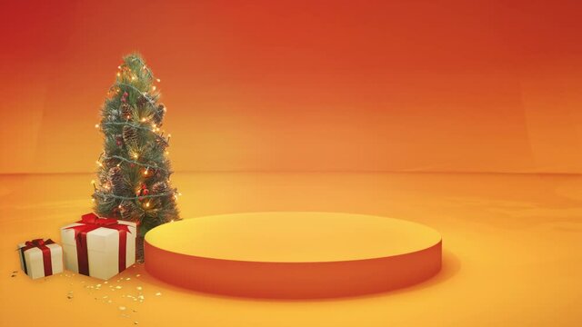 Christmas background with a podium to promote your products or offers. A colorful template with a Christmas tree with flashing lights, presents and copy space