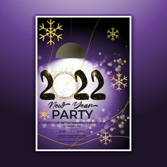 Vector illustration of New Year 2022 party invitation poster with beautiful bokeh background, New year DJ party poster , flyer, big party, free drinks, food, dj night, disco night