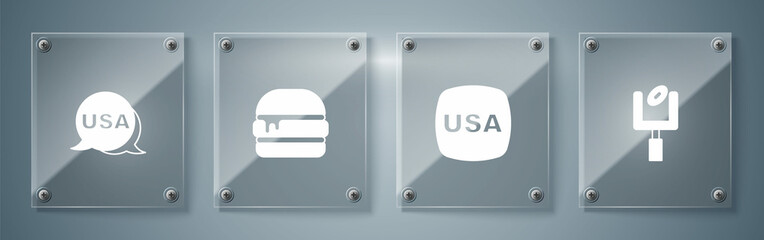 Set American football goal post, USA Independence day, Burger and . Square glass panels. Vector