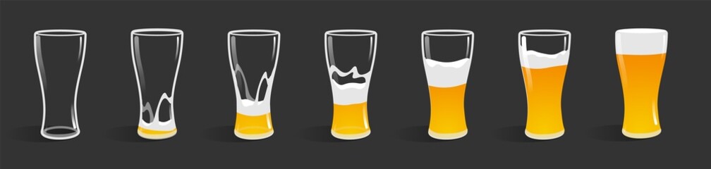Beer in glass from empty to full.