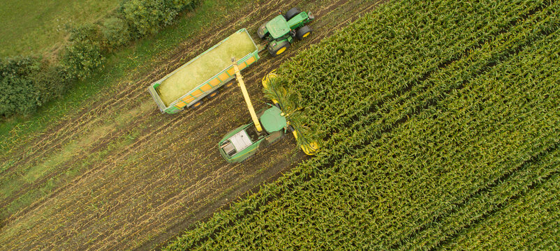 John Deere 8800i Maish&auml;cksler und John Deere 6250R Traktor mit Silagewagen Joskin Silospace w&auml;hrend der Maisernte