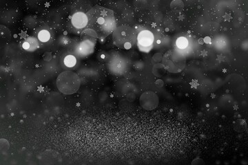 Fototapeta na wymiar cute sparkling glitter lights defocused bokeh abstract background with falling snow flakes fly, holiday mockup texture with blank space for your content