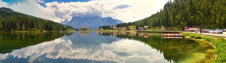 Fototapeta premium Belluno, Italy - August 17, 2018: resort town on Lake Misurina - one of the highest mountainous